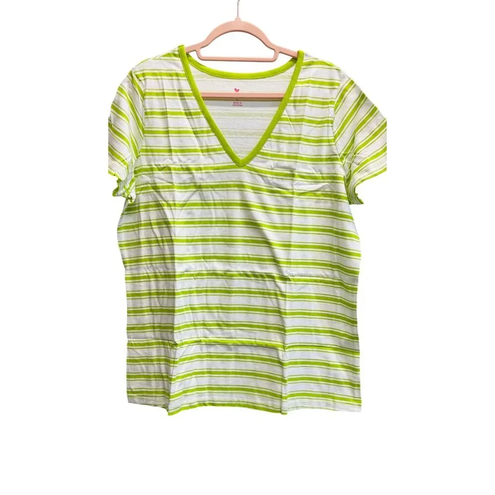 Woman Within Green & White Striped V-Neck T-Shirt Short Sleeve Size Large - Picture 1 of 5